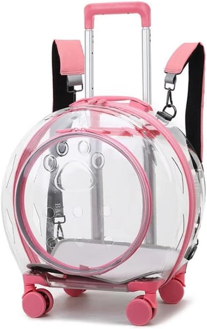 N&P Honhan Transparent Capsule Pet Travel Bag Backpack for Puppies Dogs Cat Carriers Bag with Trolley Wheel,Easy Carry for car Traveling., Pink with front opener &shoulder strap (P010)