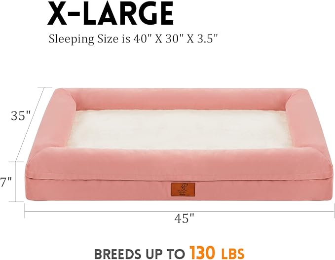 XL Dog Bed, Pink Orthopedic Dog Bed, Washable Dog Bed with [Removable Bolster], Waterproof Dog Bed with Nonskid Bottom, Pet Bed, Dog Beds for Extra Large Dogs