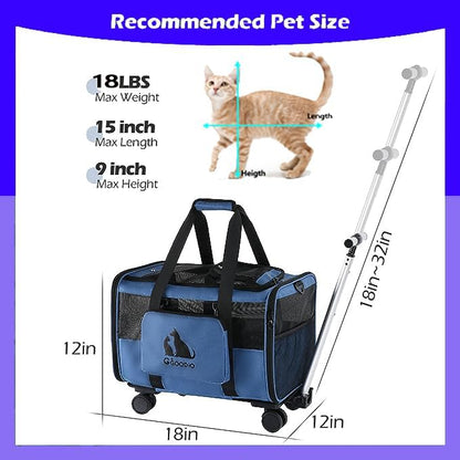 Cat and Dog Carrier with Detachable Wheels, Airline Approved Rolling Pet Carrier,Wheeled Pet Carrier with Telescopic Walking Handle,Foldable Pet Travel Bag