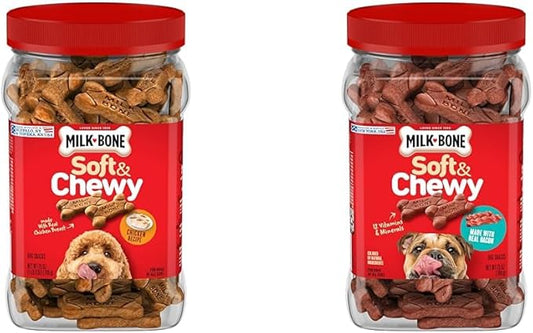 Milk-Bone Soft & Chewy Dog Treats Bundle: Chicken Recipe 25 Ounce + Real Bacon 25 Ounce