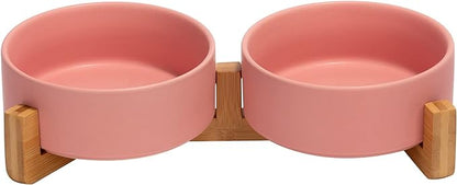 SPUNKYJUNKY Ceramic Dog and Cat Bowl with Wood Stand Non-Slip Matte Glaze Weighted Food Water Set for Cats &Small Dogs 13.5 OZ