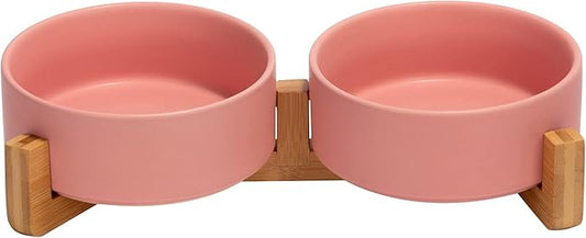 SPUNKYJUNKY Ceramic Dog and Cat Bowl with Wood Stand Non-Slip Matte Glaze Weighted Food Water Set for Cats &Small Dogs 13.5 OZ