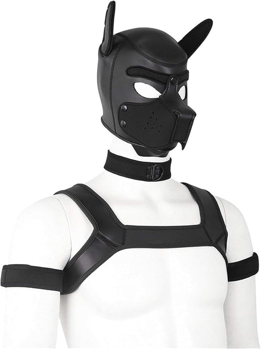 4 Sets Neoprene Puppy Hood Animal Head Mask Novelty Costume Dog (Hood Mask + Collar + Armband + Harness) (X-Large, Black)