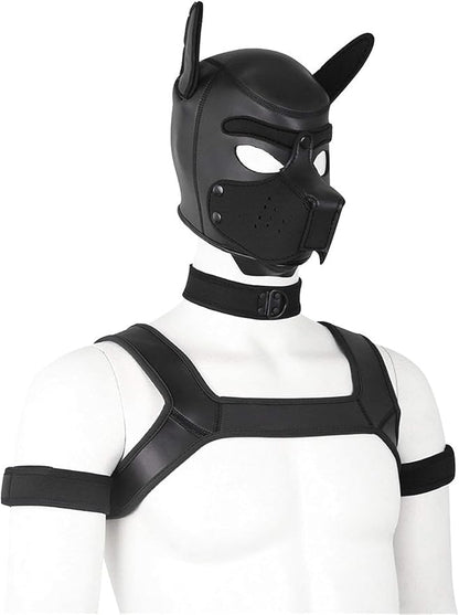 4 Sets Neoprene Puppy Hood Animal Head Mask Novelty Costume Dog (Hood Mask + Collar + Armband + Harness) (Large, Black)