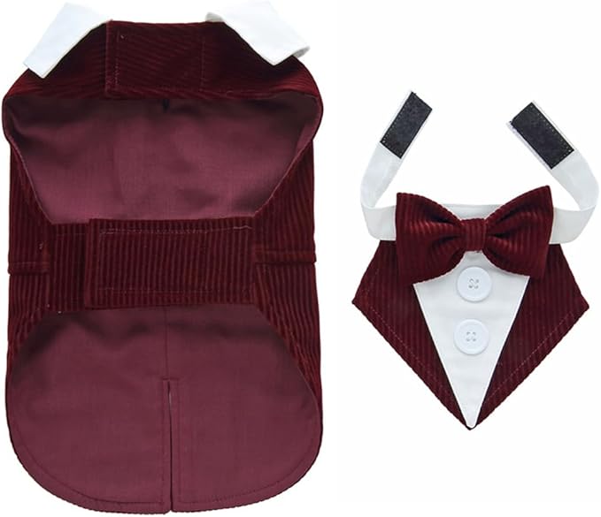 Puppy Velvet Tuxedo with Detachable Bowtie Prom Wedding Formal Wear Prince Costume for Small Dog (Medium, Wine Red)