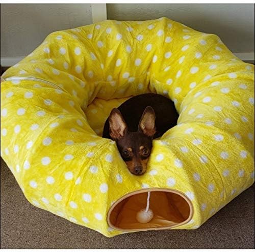 AUOON Cat Tunnel Bed with Central Mat,Big Tube Playground Toys,Soft Plush Material,Full Moon Shape for Kitten,Cat,Puppy,Rabbit,Ferret,Yellow