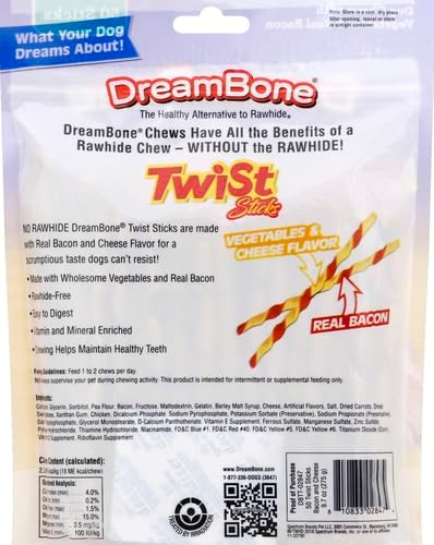 DreamBone Twist Sticks With Real Bacon And Cheese Flavor, Rawhide-Free Chews For Dogs, 50 Count (Pack of 1)