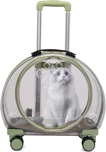 Cat Carrier with Wheels, Acrylic Rolling Cat Carrier, Retractable Pull Rods and Swivel Wheels, Comfortable and Breathable Pet Trolley Case Pet Carrier for Small Pets Kittens Dogs Rabbits(Light Green)