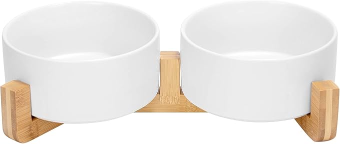 SPUNKYJUNKY Ceramic Dog and Cat Bowl Set with Wooden Stand, Modern Cute Weighted Food Water Set for Large Size Dogs (7.6 Cups, 2 × White)