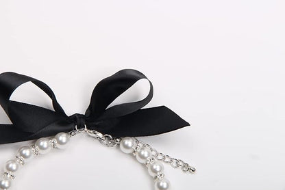 Dog Cat Pearls Necklace Collar with Bling Accessories and Ribbon Bow Pet Puppy Jewelry for Female Dogs Cats Small Medium (L