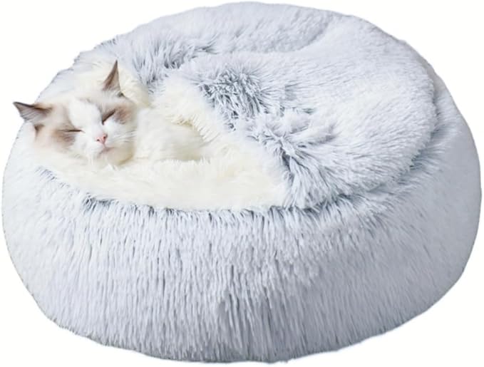 Calming Round Dog Beds &Cat Cave Bed with Hooded Cover 25.6X 25.6inch)