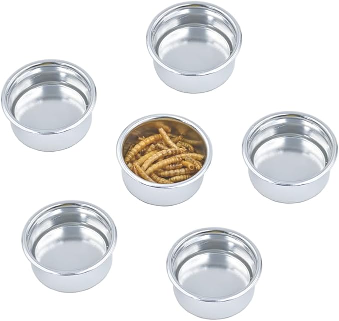 Crested Gecko Food and Water Feeding Metal Cups, Reptile Feeder Bowls, for Lizard and Other Small Pet Ledge Accessories Supplies - 10 Metal Cups