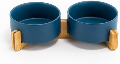 SPUNKYJUNKY Ceramic Dog and Cat Bowl Set with Wooden Stand, Modern Cute Weighted Food Water Set for Small Size Dogs (13.5OZ) & Medium Sized Dogs (28.7OZ) & Cats (3.6 Cups, 2 × Blue)