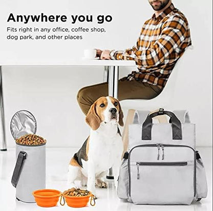 Dog Travel Bag - Dog Backpack Organizer - Pet Travel Kit Airline Compliant - Includes Large Pad, Food Canister and Bowls (Gray, Paw Prints)