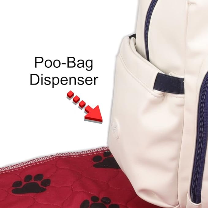 Talk to the Paw - Dog Backpack - Dog Supply Organizer with Blanket, Collaspable Bowls and Food Canister - Weekend Pet Travel - Pet Travel Airline Compliant (red blanket, paw prints)