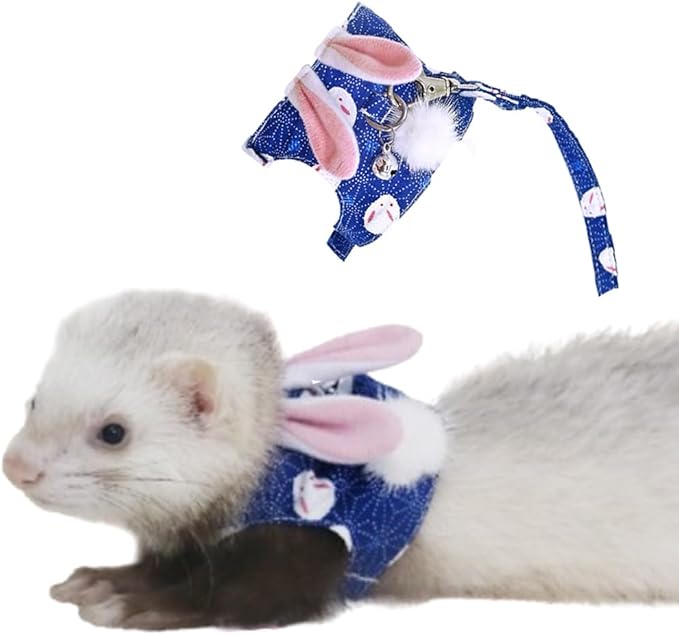 Ferret Harness and Leash Set with Bell Ferret Clothes Small Animals Accessories Bunny Ears Costume for Ferret Baby Rabbit Guinea Pig and Small pet Blue