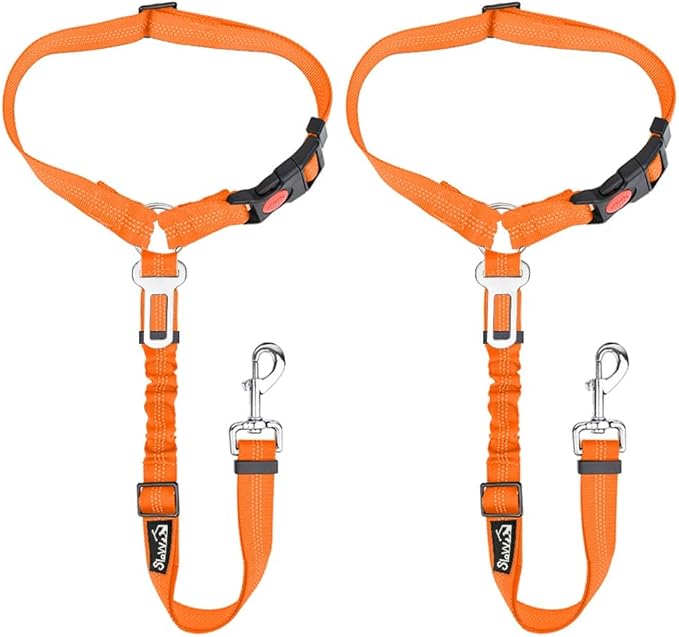 Lukovee Dog Car Seat Belt, 2 Pack Headrest Restraint Seatbelt, Adjustable Pet Safety Leads with Reflective Elastic Bungee for Dog Harness Collar Travel Daily Use (Orange,Headrest + Clip)