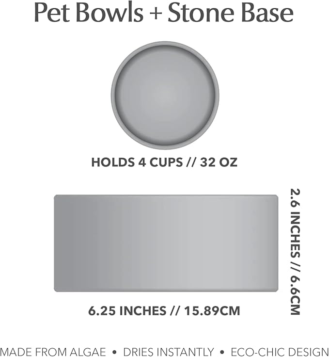 Dorai Home Dog Bowls + Stone Base Set – Modern and Stylish Pet Feeding Station – Non-Slip, Quick Drying Base with Diatomaceous Earth – Includes 2 Bowls and Base – Slate