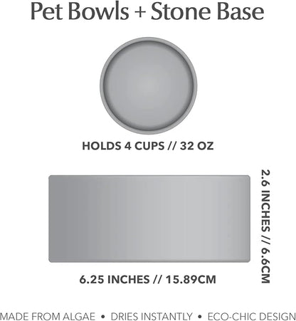 Dorai Home Dog Bowls + Stone Base Set – Modern and Stylish Pet Feeding Station – Non-Slip, Quick Drying Base with Diatomaceous Earth – Includes 2 Bowls and Base – Slate