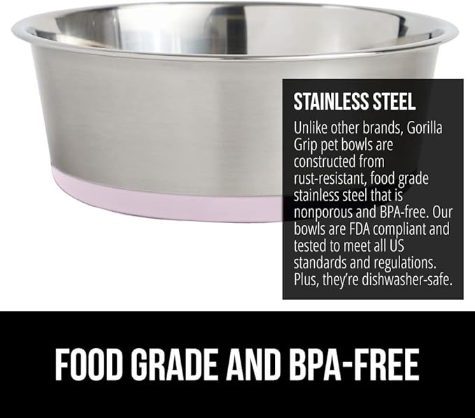 Gorilla Grip Stainless Steel Metal Dog Bowl Set of 2, Rubber Base, Heavy Duty Feeding Dishes, Food Grade BPA Free, Less Sliding, Quiet Pet Bowls for Cats and Dogs, Holds 2 Cups (16 fl oz), Lt Pink