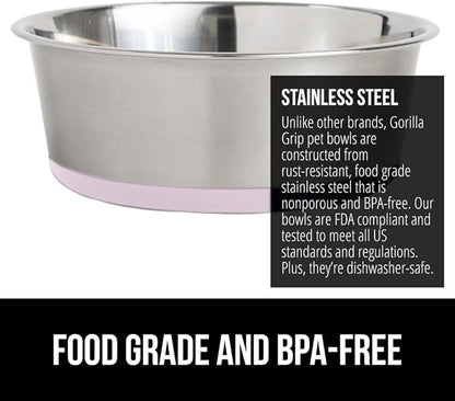 Gorilla Grip Stainless Steel Metal Dog Bowl Set of 2, Rubber Base, Heavy Duty Feeding Dishes, Food Grade BPA Free, Less Sliding, Quiet Pet Bowls for Cats and Dogs, Holds 4 Cups (32 fl oz), Lt Pink