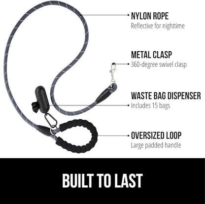 Gorilla Grip Dog Leash, Heavy Duty Reflective Rope Leashes for Large, Medium, Small Breed Dogs, Puppy Training Essential for Walks, Hikes, Soft Handle, Rotating Metal Clip, Waste Bag Dispenser, Gray