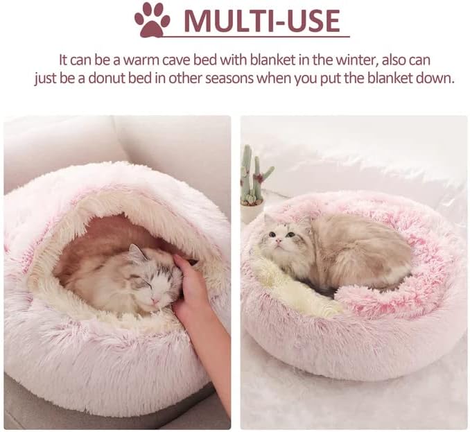 Cat Bed Round Fluffy Hooded Cat Bed Cave