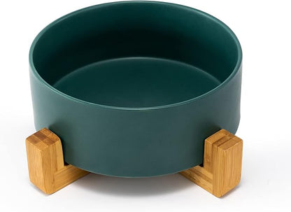 SPUNKYJUNKY Ceramic Dog and Cat Bowl Set with Wooden Stand, Modern Cute Weighted Food Water Set for Small Size Dogs (13.5OZ) & Medium Sized Dogs (28.7OZ) & Cats (7.6 Cups, Green×1)