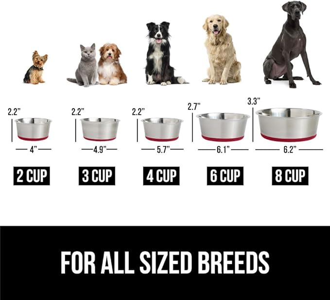 Gorilla Grip Stainless Steel Metal Dog Bowl Set of 2, Rubber Base, Heavy Duty Feeding Dishes, Food Grade BPA Free, Less Sliding, Quiet Pet Bowls for Cats and Dogs, Holds 2 Cups (16 fl oz), Red