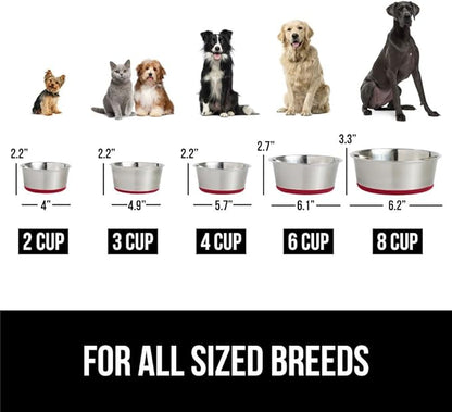 Gorilla Grip Stainless Steel Metal Dog Bowl Set of 2, Rubber Base, Heavy Duty Feeding Dishes, Food Grade BPA Free, Less Sliding, Quiet Pet Bowls for Cats and Dogs, Holds 4 Cups (32 fl oz), Red