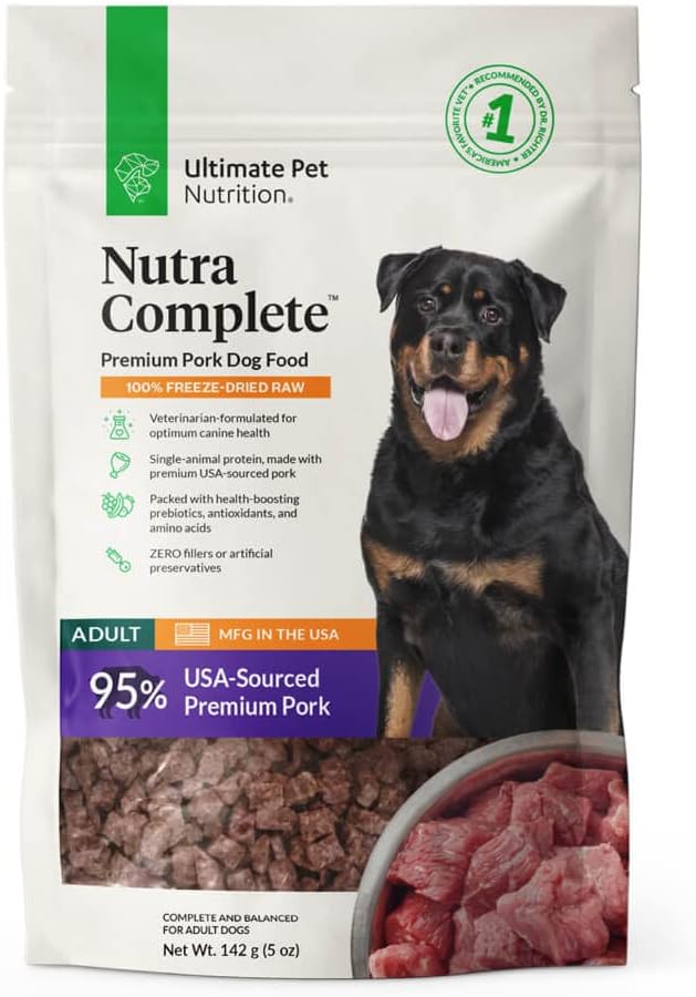 ULTIMATE PET NUTRITION Nutra Complete Raw Freeze Dried Dog Food, Veterinarian Formulated with Antioxidants, Prebiotics & Amino Acids (5 Ounce, Pork)