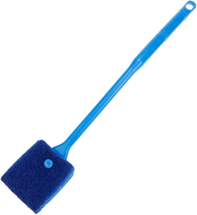 Quluxe 15.74 Inch Aquarium Algae Scraper Double Sided Sponge Brush Cleaner, Long Handle Fish Tank Scrubber for Glass Aquariums and Home Kitchen- Blue