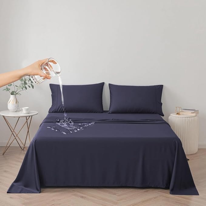 DUJUIKE Waterproof Bed Cover for Dog and Cats,Pet Hair Resistant Bed Sheet Cover, Protective Bed Liner Cover with 100% Waterproof Breathable Thin Fabric (Cal King/King 98 * 90 inch, Navy Blue)