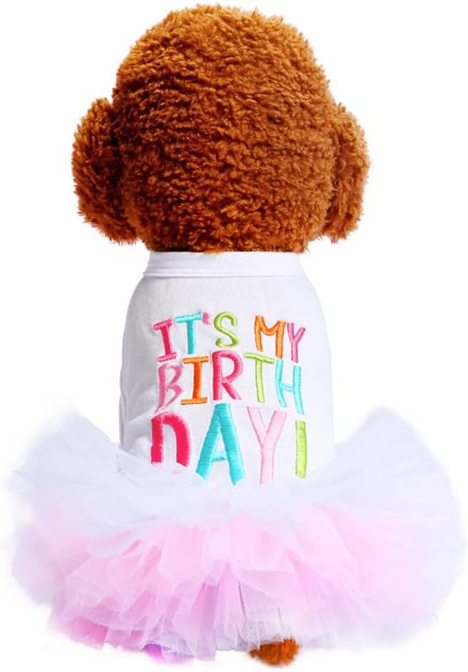 Dog Birthday Princess Tutu Dress for Small Dogs Girl + Adjustable Puppy Cat Birthday Party hat Cake Shaped (Dress+hat