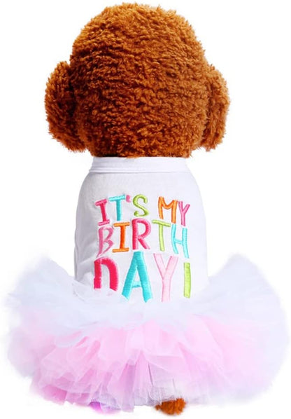 Dog Birthday Princess Tutu Dress for Small Dogs Girl + Adjustable Puppy Cat Birthday Party hat Cake Shaped (Dress+hat
