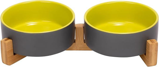 SPUNKYJUNKY Ceramic Dog and Cat Bowl Set with Wooden Stand, Modern Cute Weighted Food Water Set for Small Size Dogs (13.5OZ) & Medium Sized Dogs (28.7OZ) & Cats (1.7 Cups, 2 × Yellow-Grey)