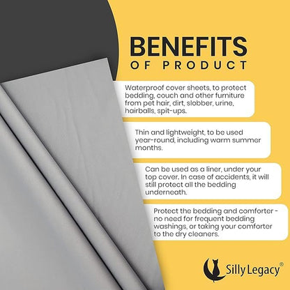 SILLY LEGACY Thin Reversible Waterproof Protective Cover or Liner for Bed or Couch, for Dogs and Cats (King 82 x 100, Gray)