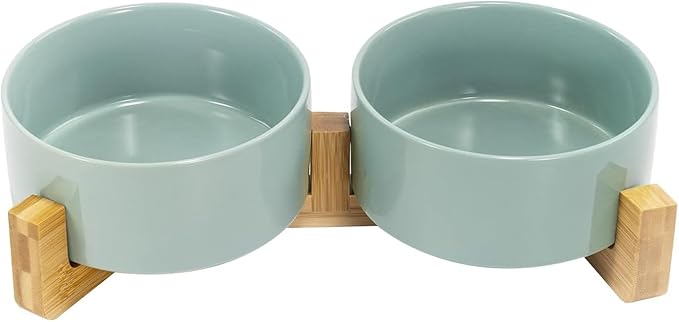 SPUNKYJUNKY Ceramic Dog and Cat Bowl Set with Wooden Stand, Modern Cute Weighted Food Water Set for Small Size Dogs (13.5OZ) & Medium Sized Dogs (28.7OZ) & Cats (3.6 Cups, 2 × Morandi Green)