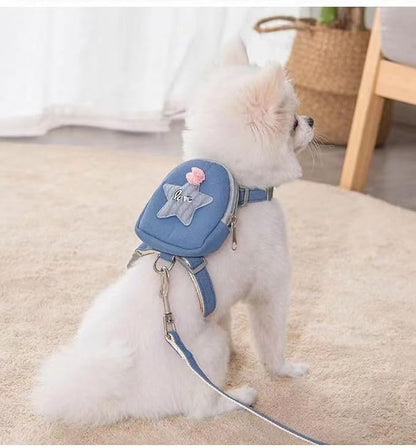 Pet Backpack Harness with Star Design Leash Pocket Saddle Bags Puppy Bag with Training Lead Leash for Doggie Outdoor Travel Hiking Walking Adjustable Easy Control Dog Vest for Dog（Grey