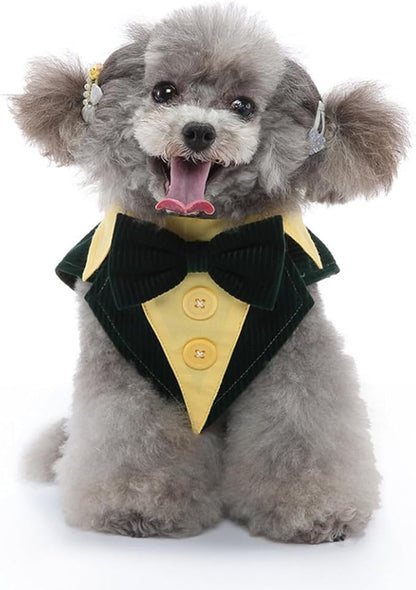 Puppy Velvet Tuxedo with Detachable Bowtie Prom Wedding Formal Wear Prince Costume for Small Dog (X-Large, Green)