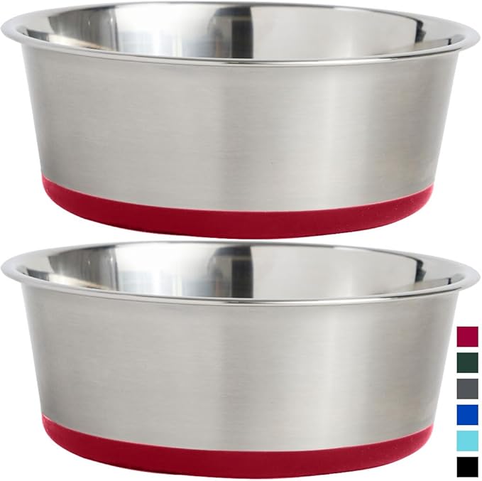 Gorilla Grip Stainless Steel Metal Dog Bowl Set of 2, Rubber Base, Heavy Duty Feeding Dishes, Food Grade BPA Free, Less Sliding, Quiet Pet Bowls for Cats and Dogs, Holds 2 Cups (16 fl oz), Red