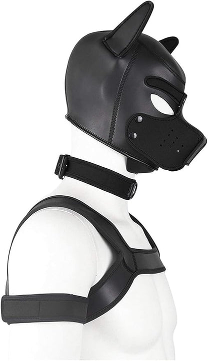 4 Sets Neoprene Puppy Hood Animal Head Mask Novelty Costume Dog (Hood Mask + Collar + Armband + Harness) (Large, Black)