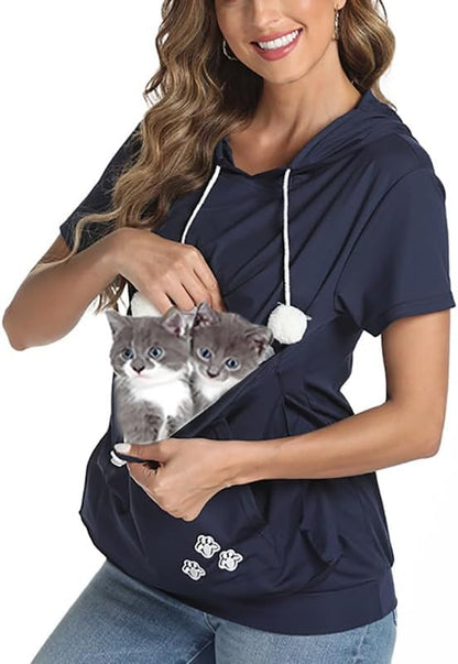 jessie Kangaroo Pouch Hoodie Summer Cat Pouch Hoodie Short Sleeve Hoodie With dog pouch (Navy blue
