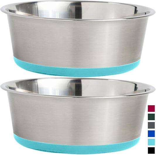 Gorilla Grip Stainless Steel Metal Dog Bowl Set of 2, Rubber Base, Heavy Duty Feeding Dishes, Food Grade BPA Free, Less Sliding, Quiet Pet Bowls for Cats and Dogs, Holds 6 Cups (48 fl oz), Turquoise