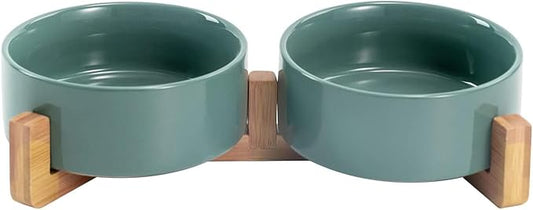 SPUNKYJUNKY Ceramic Dog and Cat Bowl Set with Wooden Stand, Modern Cute Weighted Food Water Set for Small Size Dogs (13.5OZ) & Medium Sized Dogs (28.7OZ) & Cats (1.7 Cups, 2 × Morandi Green)