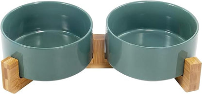 SPUNKYJUNKY Ceramic Dog and Cat Bowl Set with Wooden Stand, Modern Cute Weighted Food Water Set for Small Size Dogs (13.5OZ) & Medium Sized Dogs (28.7OZ) & Cats (3.6 Cups, 2 × Light Green)