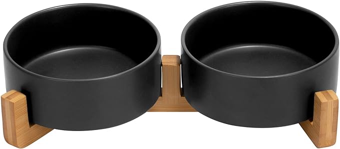 SPUNKYJUNKY Ceramic Dog and Cat Bowl Set with Wooden Stand, Modern Cute Weighted Food Water Set for Small Size Dogs (13.5OZ) & Medium Sized Dogs (28.7OZ) & Cats (1.7 Cups, 2 × Black)