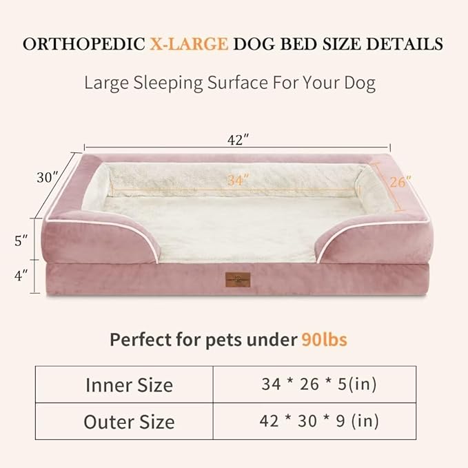 Waterproof Orthopedic Foam Dog Beds XL Dog Bed, Extra Large Dogs with Bolster, Washable Dog Bed Sofa Pet Bed with Removable Cover & Non-Slip Bottom(X-Large,Pink)