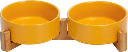 SPUNKYJUNKY Ceramic Dog and Cat Bowl with Wood Stand Non-Slip Matte Glaze Weighted Food Water Set for Cats &Small Dogs