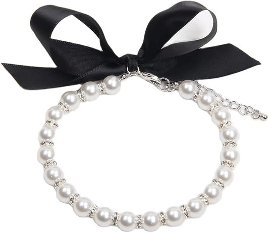 Dog Cat Pearls Necklace Collar with Bling Accessories and Ribbon Bow Pet Puppy Jewelry for Female Dogs Cats Small Medium (L